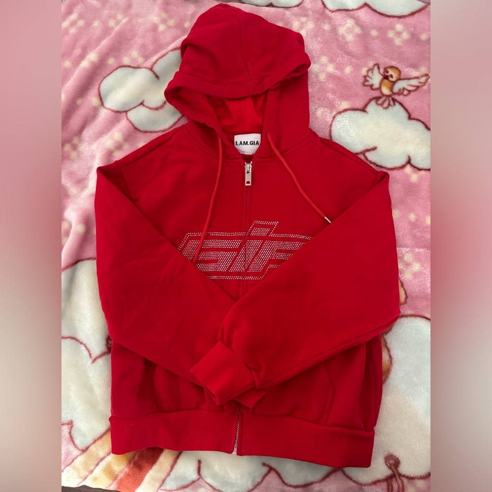 I.AM.GIA red zip up hoodie with rhinestones